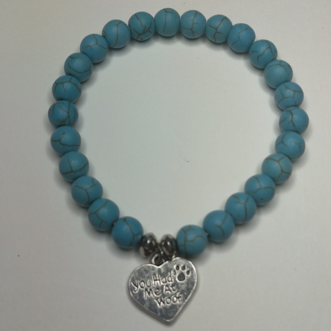 Teal Stone Like Bead Bracelet 8mm With Heart Charm
